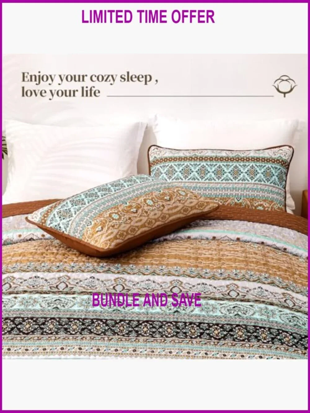 Queen Size Quilt Set, Lightweight Microfiber, Bohemian Pattern, All Season - Picture 4 of 7